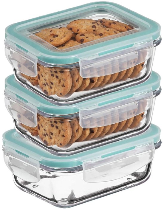 5Five Vershoudbakje met deksel - 3x - glas - luchtdicht - met clips - 18 x 12 x 6 cm - 800 ml