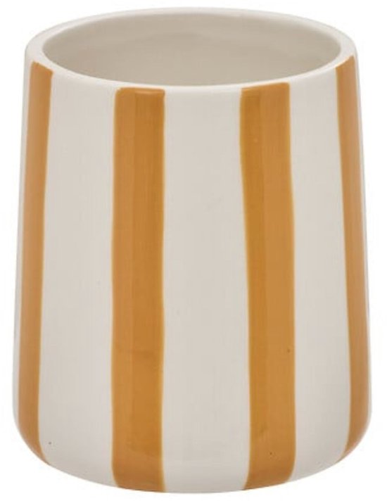 Tandenborstelhouder Strio hoog -10 cm Keramiek Tarwe – Stijlvol Badkameraccessoire - Badkamerbeker - Tandenborstelbeker - Keramisch - Gele Strepen - Geel