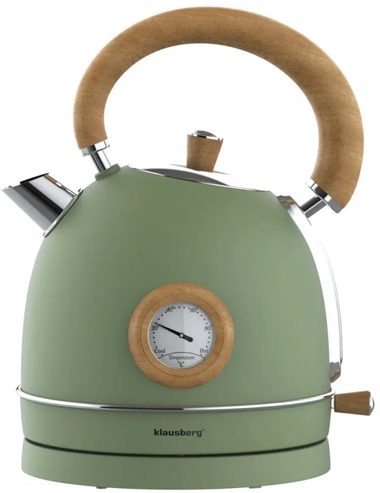 Klausberg 9008 - Retro Waterkoker - 1,8L - RVS - groen met hout - met thermometer