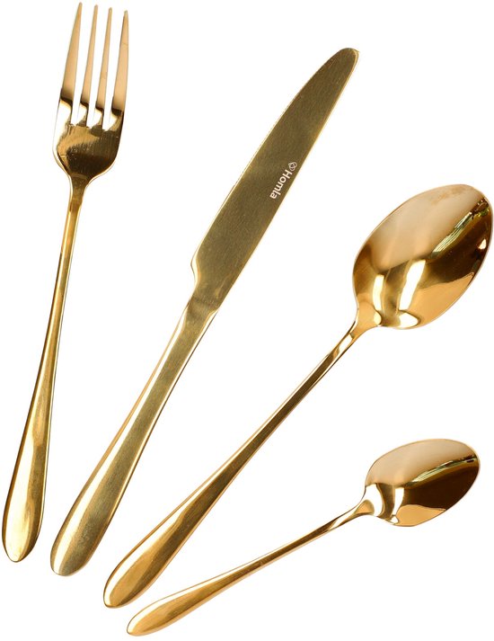 HOMLA - Abele Besteckset - 16-teiliges Luxus-Besteckset - Schillerndes Besteckset - Modernes Tafelbesteck - Löffel, Gabeln & Messer - Edelstahl - Gold