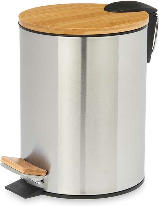 Berilo Treteimer Stahl - Softclose - 5L - silber / beige - D20 x H26 cm - Mülleimer für das Badezimmer