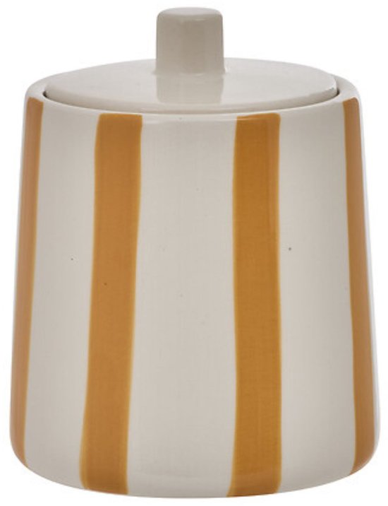 Wattenschijfjeshouder Strio Keramiek Hoog - 12.8 cm Beige – Badkamer Organizer Met Deksel - Wattenhouder - Badkamer Bakje inclusief deksel