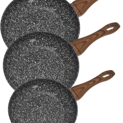 Kookpannenset - 3-delig - Frying Pan Set - Met Siliconen Coating Handgreep - Anti-aanbak - Inductiegeschikt - Duurzaam & Functioneel - Ø20 / Ø24 / Ø28 cm - Marble Grey