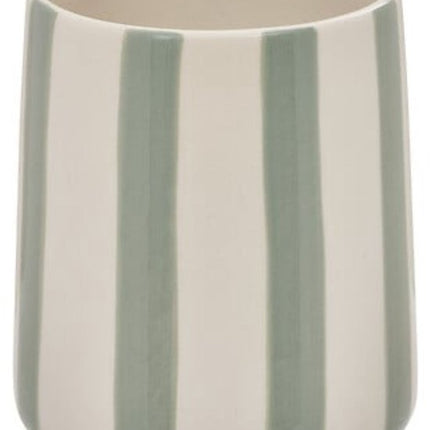 Tandenborstelhouder Strio Hoog - 10 cm - Keramiek Celadongroen - Tandenborstelbeker - Badkamerbeker - Wasbakbeker - Bakje voor de badkamer - Groene Strepen - Keramisch