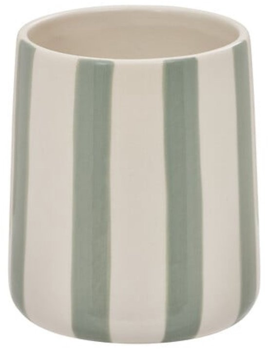 Tandenborstelhouder Strio Hoog - 10 cm - Keramiek Celadongroen - Tandenborstelbeker - Badkamerbeker - Wasbakbeker - Bakje voor de badkamer - Groene Strepen - Keramisch
