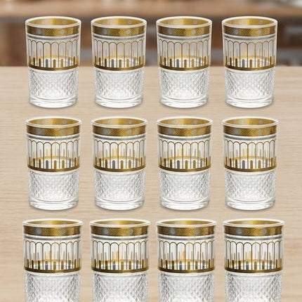 Marokkaanse Theeglazen Set - 12 Stuks - Thee Glazen - Oosterse Theeglazen met Goud Motief - voor Muntthee, Koffie en Desserts - 160 ml