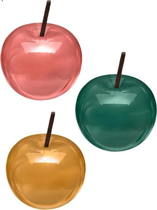 Decoratieve keramieken appels set van 3 - rood, geel en groen - 9 x 7 cm
