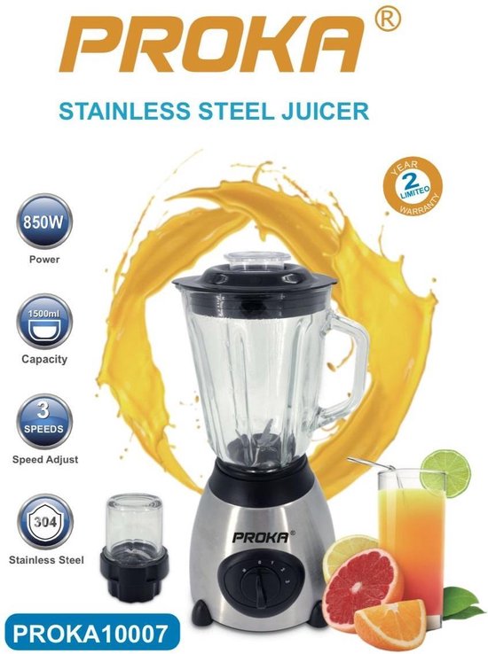 Blender - 1,5 L - Blender à smoothie - Pichet en verre - Acier inoxydable + Mini mixeur