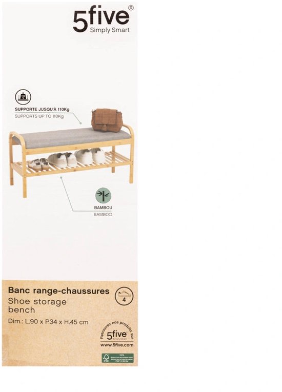 5Five Schoenenrek Bankje - 2-laags - bamboe / kunststof - 90 x 34 x 45 cm - voor 4 paar schoenen