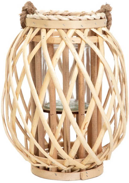 HOMLA - Lagge Lantaarn Gevlochten - Decoratieve Windlicht Lantaarn - Natuurlijke Sfeerverlichting - Boho & Scandinavisch Interieur - Houten Kaarsenhouder - 30 cm - Naturel