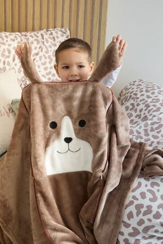 2-in-1 Kuschelkissen und Decke – Mit Reißverschluss – Decke & Kissen – Für Kinder – Hunde-Design – Polyester – 150 x 100 cm – Braun