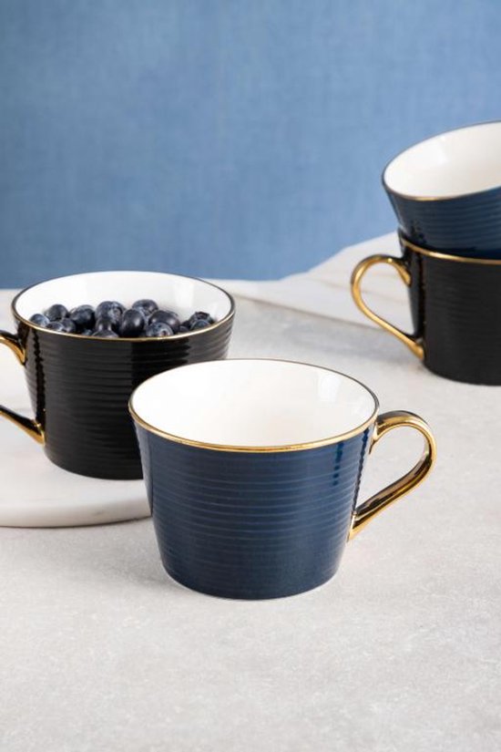 Homla - Renne Mok - Grote Koffiemok - Set van 6 - Theemok - Cappuccino Mok - Vaatwasser Bestendig - 450 ml - Keramiek - 15 x 12 x 9 cm - Donkerblauw