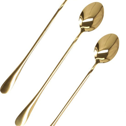 Homla - Stilo Latte Lepels Set - 3 Stuks - Lange Dessertlepels - Cocktaillepels - Koffielepels voor Latte Macchiato - IJslepels - RVS - Goud