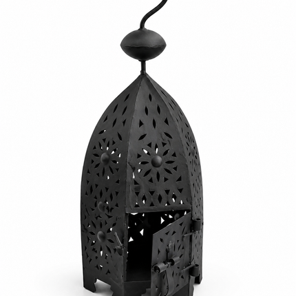 Handgemaakte Marokkaanse Lantaarn – Zwart Metaal – Zeshoekige Kaarshouder – 42 cm