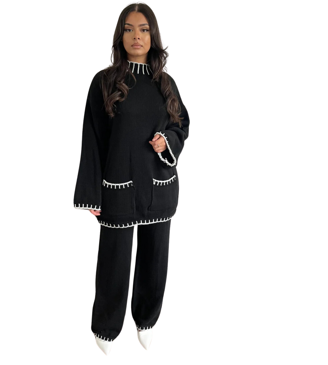 Lilly twinset – gebreide set, one size, in zwart, gebroken wit en khaki – foto 3