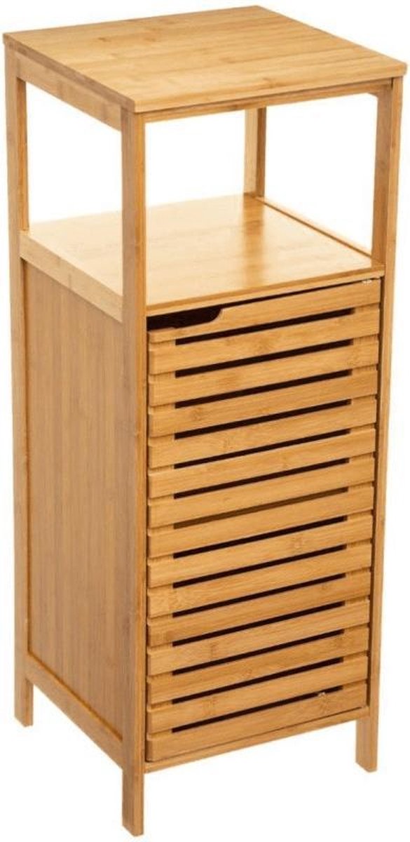 Stehendes Badezimmerregal aus Holz – Bambus – Unterschrank – Aufbewahrungsregal – 78,5 cm hoch und 30 cm breit – 1 Tür – 4 Etagen