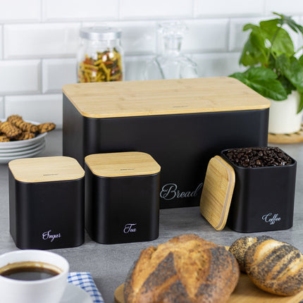 Kinghoff 1586 - Broodtrommel met voorraadbussen - Staal / bamboe - zwart