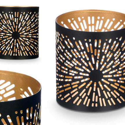 Windlicht Schwarz und Gold – perforiertes Design (9 x 9 x 10 cm)