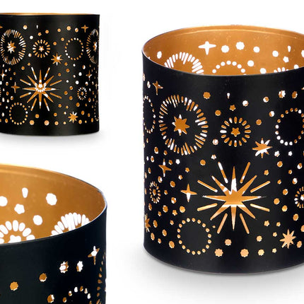 Windlicht Schwarz und Gold - Sternenmotiv (9 x 9 x 10 cm)