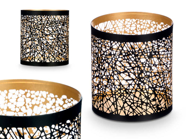 Windlicht Schwarz und Gold – Abstraktes Design (9 x 9 x 10 cm)