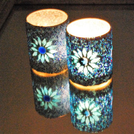 Windlicht Zylinder - Mosaik & Perlen - blau -