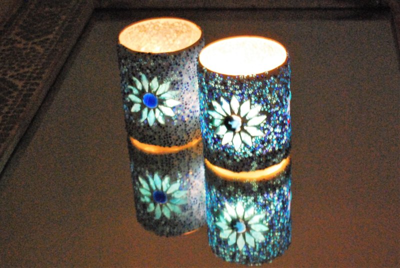 Bougeoir cylindrique - mosaïque & perles - bleu
