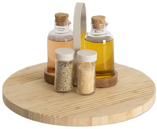 5Five drehbares Serviertablett - Bambusholz - Ø35 cm - hellbraun - rotierend auf hohem Fuß - Tapas - Gebäck - Käse