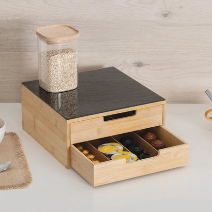 5Five Koffie cups/capsule houder met 2x lades - bamboe - 30 x 30 x 14 cm - lade indeling - zwart/bruin