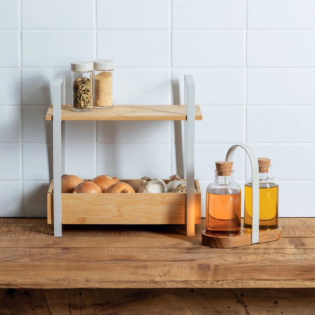 5Five Ordera Opbergbal met plank bamboe - 2 niveau's - 30x14x30cm - Wit/Beige