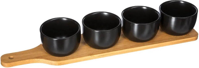 5Five Servierplatte/Snackplatte für Häppchen/Saucen/Tapas – Steingut – schwarz – inkl. 4x Schälchen