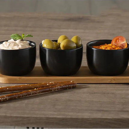 5Five Serveerplank/borrelplank hapjes/saus/tapas - aardewerk - zwart - incl. 4x schaaltjes