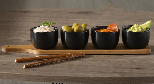 5Five Servierplatte/Snackplatte für Häppchen/Saucen/Tapas – Steingut – schwarz – inkl. 4x Schälchen