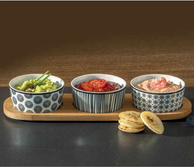 5Five Servierplatte/Snackplatte Häppchen/Soße/Tapas - Steingut - weiß - mit 3x Schälchen