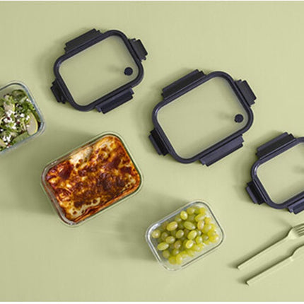 5Five Frischhaltedose mit Deckel - 2x - Glas - luftdicht - mit Clips - 19 x 14 x 7 cm - 500 ml - schwarz/transparent