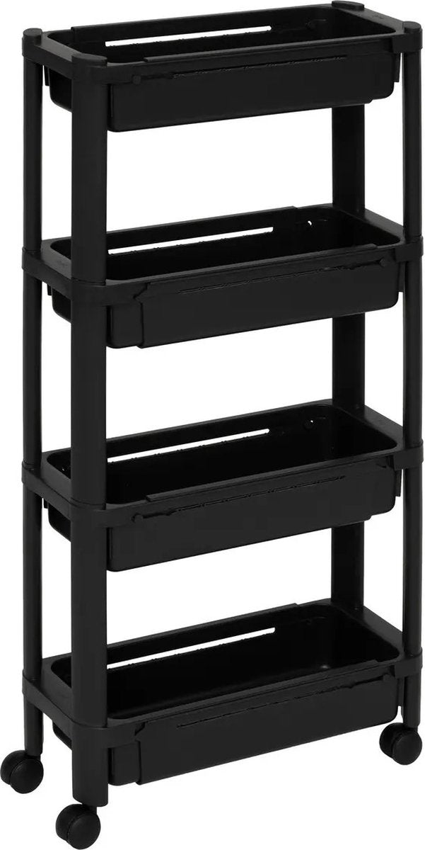5Five Küchen-/Badezimmerrollwagen 4 Etagen - L37 x B15 x H79 cm - Schwarz - PP-Kunststoff - mit Rollen - Ablagekörbe/-fächer