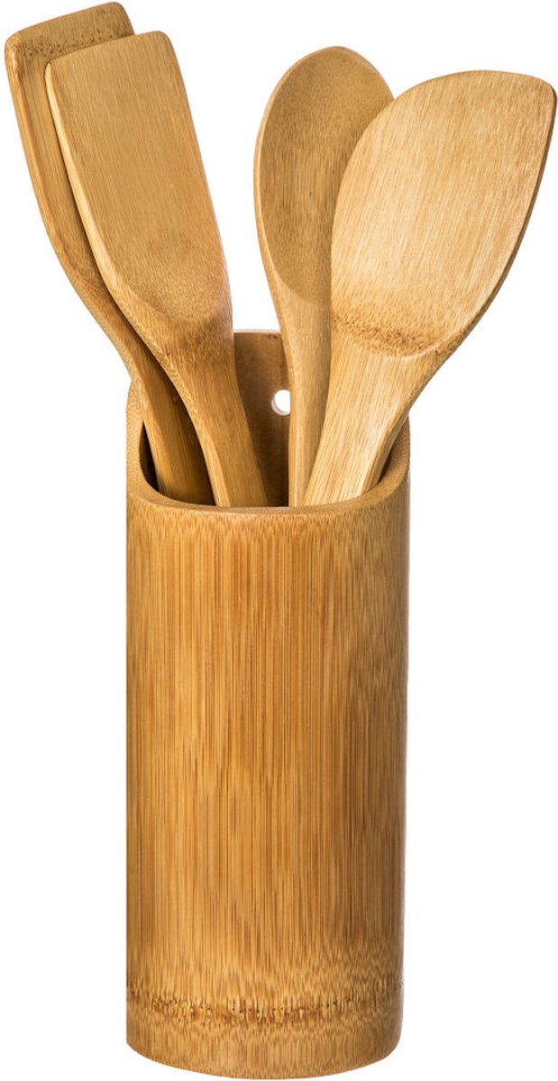 Ensemble d'ustensiles de cuisine - Set de 5 ustensiles de cuisine - Organisateur rond - Set de spatules + Support - Bois de bambou