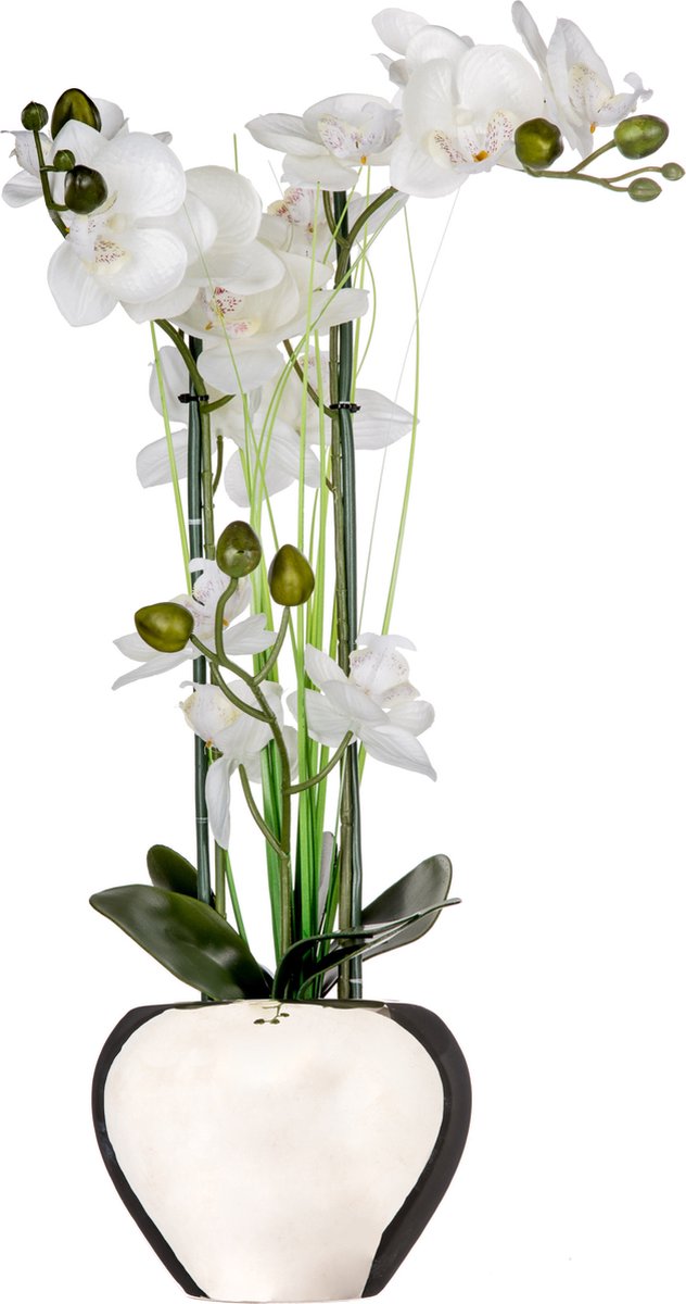 Atmosphera Orchid artificial flower - white - H53 x W37 cm - in a luxury silver pot