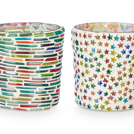2er Set kleine Windlichter – Streifen- und Sternenmuster (7 x 7 x 7,25 cm)