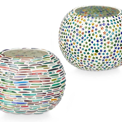 Set van 2 Ovale Windlichten - Strepen- en Sterrenmotief (12,5 x 12,5 x 8 cm)