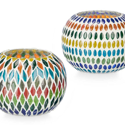 2er-Set ovale Windlichter – bunte Rautenmuster (12,5 x 12,5 x 8 cm)