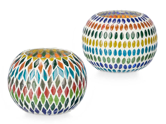 2er-Set ovale Windlichter – bunte Rautenmuster (12,5 x 12,5 x 8 cm)