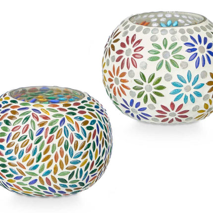 2er Set Ovale Windlichter - Blumen- und Blattmotive (12,5 x 12,5 x 8 cm)