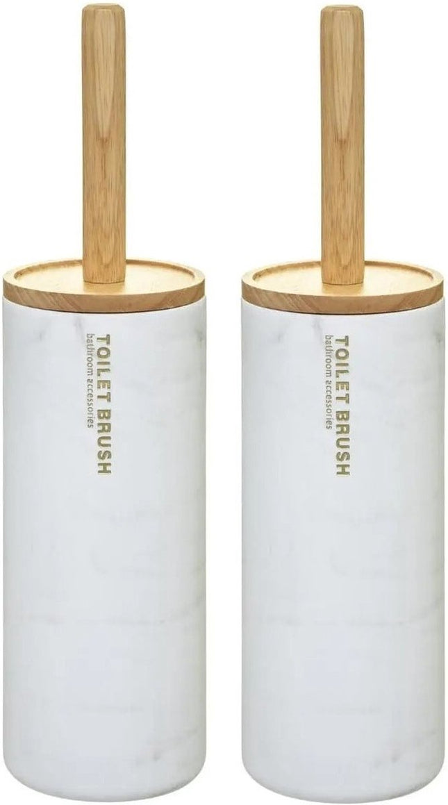 2x stuks 5five wc-/toiletborstel met houder - wit met marmer effect - kunststof/bamboe - 38 cm