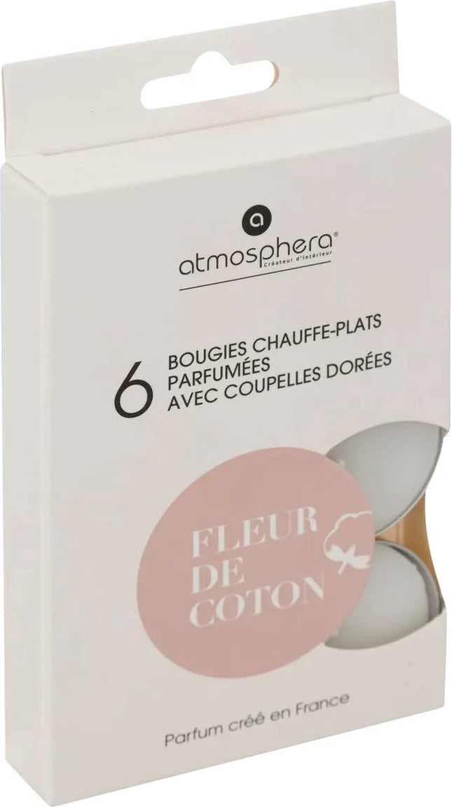Atmosphera Créateur D'Intérieur - Duftteelichter - Duftkerzen - Teelichter - Duftende Teelichtkerzen - Scented Tealight Candles - Baumwollblüte - Fleur de Coton - 1 Schachtel mit 6 Teelichtern