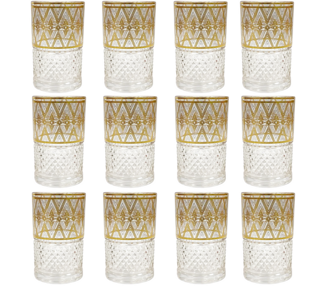 Moroccan Tea Glasses – Set of 12 | Gold & White Zigzag Design | 160ml