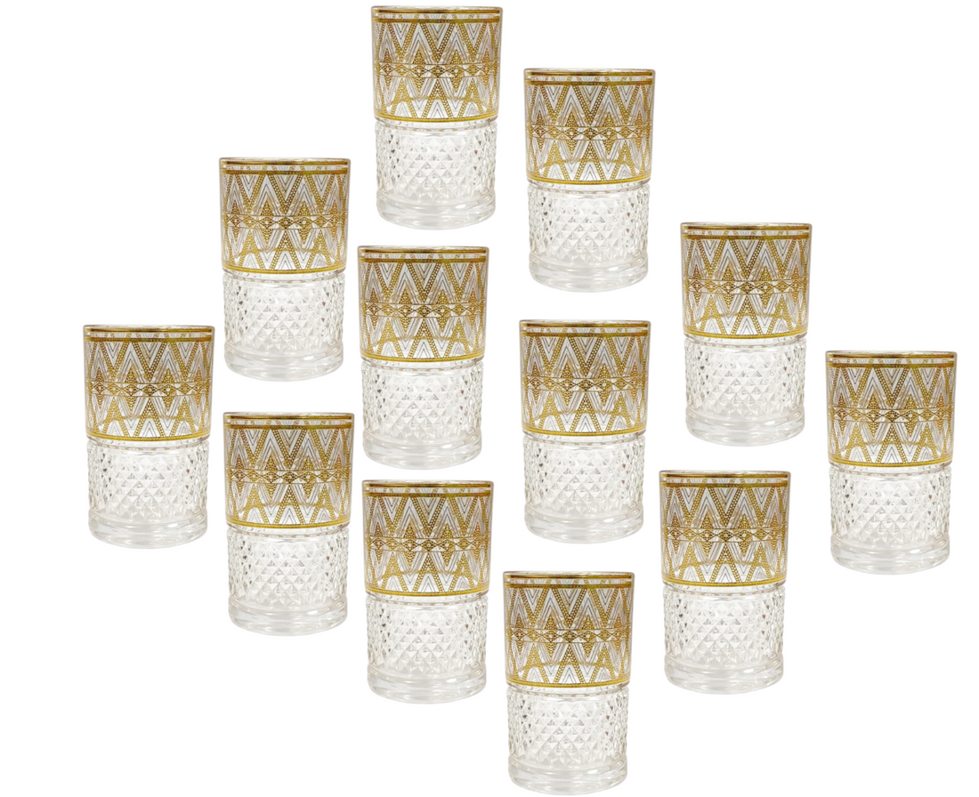 Hakal Marokkaanse theeglazen, set van 12 – goud-wit zigzag, 160 ml