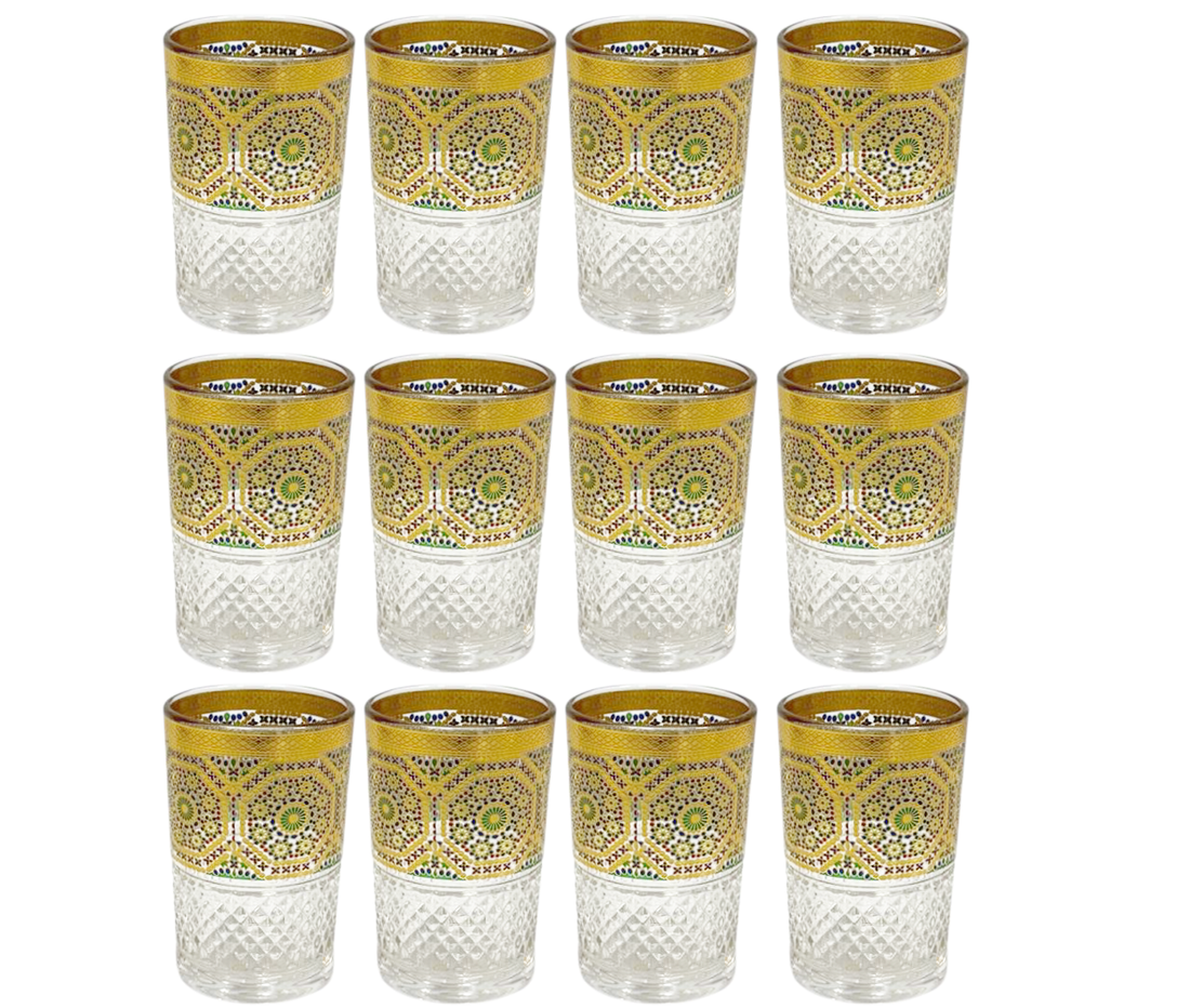 Marokkaanse theeglazen met goudrand en mozaïekmotief – set van 12, 160 ml