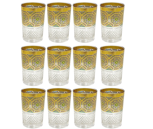 Marokkanische Teegläser – 12er Set | Gold- & Buntes Mosaikdesign | 160ml