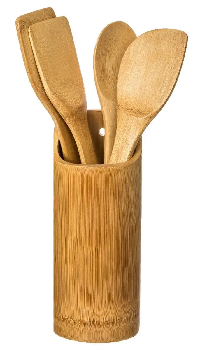 4-piece bamboo cutlery set with bamboo holder