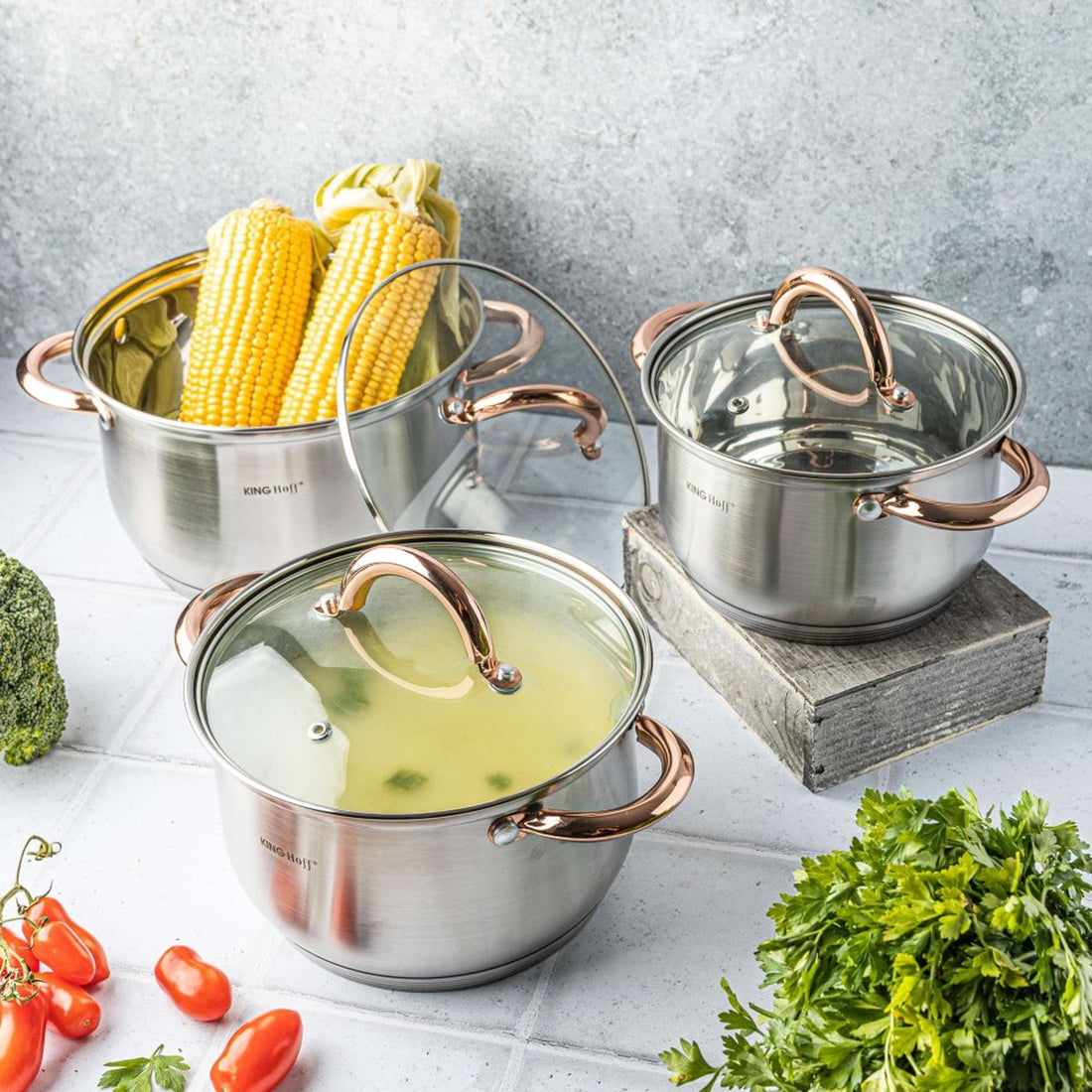 Kinghoff 6-delige pannenset rvs – kookpannen 16, 18 en 20 cm met deksel – foto 4
